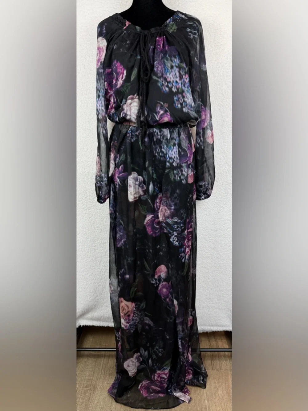 (NWT) THE JETSET DIARIES • Black/Multi Floral Peony Semi-Sheer Maxi Dress, L - Picture 2 of 14